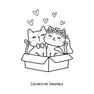 Image à colorier de tendres chatons jeunes mariés assis dans une boîte