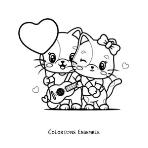 Image à colorier de chatons rockeurs amoureux avec un ballon en forme de coeur