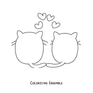 Image à colorier de la silhouette de deux chats amoureux avec des coeurs