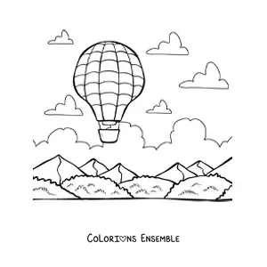 Image à colorier d'une montgolfière qui vole au-dessus des montagnes
