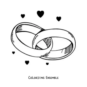 Image à colorier de bagues de fiançailles entrelacées avec des coeurs