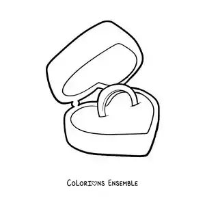 Image à colorier d'une bague de fiançailles dans une boîte en forme de coeur
