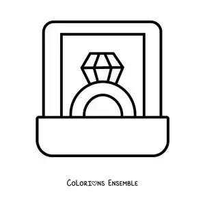 Image à colorier d'une bague en diamant dans une boîte