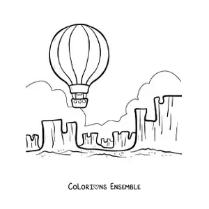 Image à colorier d'une montgolfière qui vole au-dessus du désert