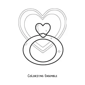 Image à colorier d'une bague en forme de coeur avec des coeurs en arrière-plan