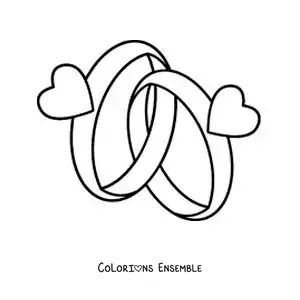 Image à colorier d'alliances de mariage entrelacées avec des coeurs