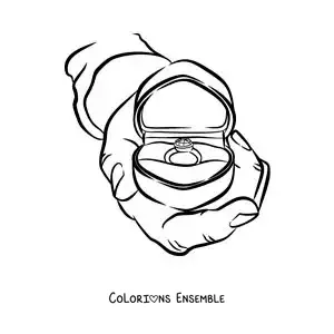 Image à colorier d'une main avec une bague de fiançailles dans son écrin en forme de coeur