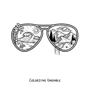 Image à colorier de lunettes de soleil reflétant un paysage