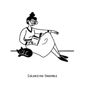 Image à colorier d'une fille à lunettes assise en train de lire à côté de son chat