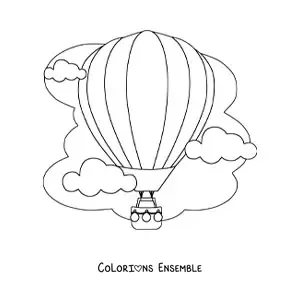 Image à colorier d'une montgolfière parmi les nuages dans le ciel