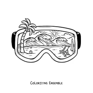 Image à colorier de lunettes de plongée avec un paysage de plage