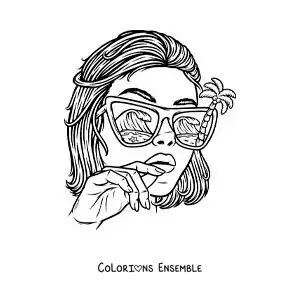 Image à colorier d'une belle fille portant des lunettes de soleil avec un paysage de plage