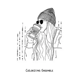 Image à colorier d'une fille au style tumblr avec des lunettes et un bonnet en train de boire un café