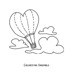 Image à colorier d'une montgolfière en forme de cœur dans le ciel