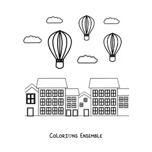 Image à colorier de trois montgolfières qui volent au-dessus de la ville