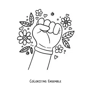 Image à colorier d'une main portant un bracelet, entourée de fleurs
