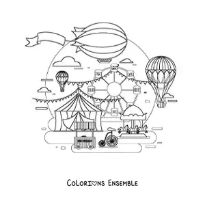 Image à colorier de plusieurs montgolfières qui volent au-dessus d'une fête foraine