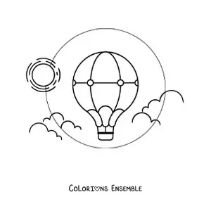 Image à colorier d’une montgolfière dans le ciel devant le soleil