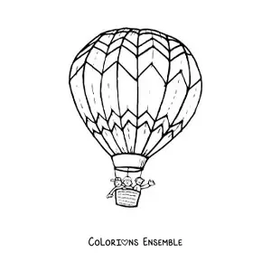 Image à colorier de trois enfants volant dans une montgolfière