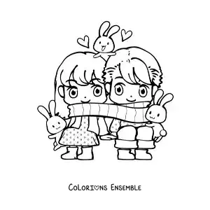 Image à colorier d'un couple kawaii avec une écharpe