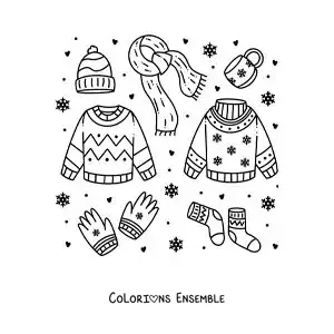 Image à colorier d'une écharpe et de vêtements d'hiver