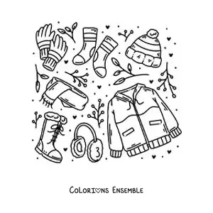 Image à colorier d'un manteau d'hiver avec un bonnet et une écharpe