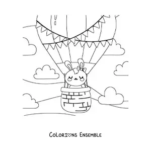 Image à colorier d’un lapin kawaii dans une montgolfière