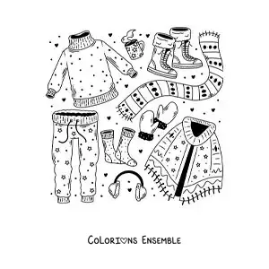 Image à colorier d'une écharpe et de vêtements pour la neige