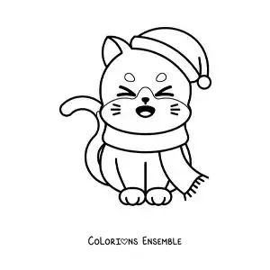 Image à colorier d'un chat animé avec une écharpe et un bonnet de Noël