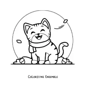 Image à colorier d'un chat animé avec une écharpe en automne