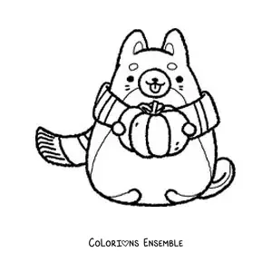 Image à colorier d'un chat animé avec une écharpe et une citrouille en automne