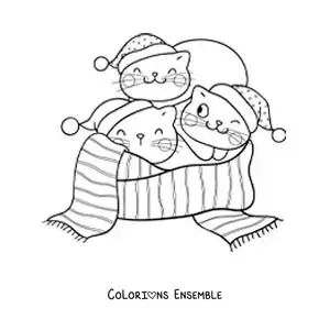 Image à colorier de trois chats animés sur une écharpe de Noël