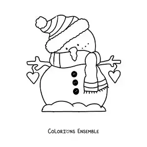 Image à colorier d'un bonhomme de neige animé avec une écharpe et un bonnet