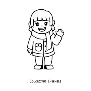 Image à colorier d'une petite fille animée avec une écharpe