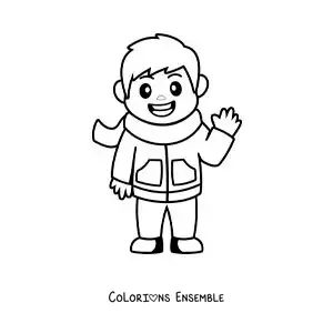 Image à colorier d'un petit garçon animé avec une écharpe