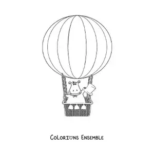 Image à colorier d’un hippopotame volant dans une montgolfière