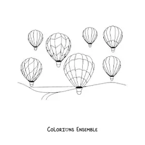Image à colorier de plusieurs montgolfières dans les airs au-dessus d’un paysage