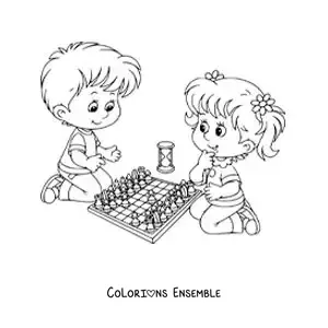 Image à colorier d'un garçon et d'une fille jouant aux échecs