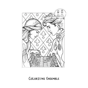 Image à colorier d'une princesse et d'un prince jouant aux échecs