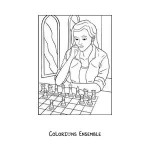 Image à colorier d'une fille jouant aux échecs