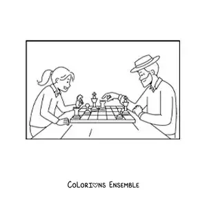 Image à colorier d'une fille jouant aux échecs avec son grand-père