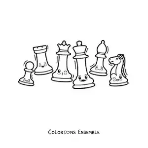 Image à colorier de pièces d'échecs animées kawaii