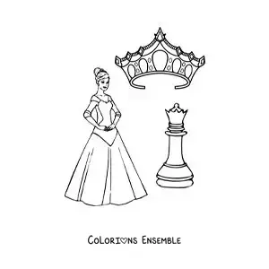 Image à colorier d'une pièce de dame aux échecs avec une couronne et une reine animée