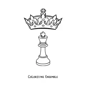 Image à colorier d'une pièce de dame aux échecs et d'une couronne