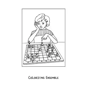 Image à colorier d'une fille jouant aux échecs