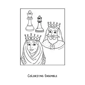 Image à colorier des pièces de dame et de roi aux échecs avec des rois animés