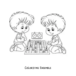 Image à colorier de deux enfants jouant aux échecs