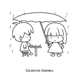Image à colorier de deux enfants kawaii animés jouant aux échecs sous la pluie