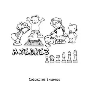 Image à colorier d'enfants jouant aux échecs et du mot échecs