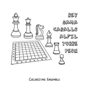 Image à colorier d'un échiquier et des pièces avec leurs noms